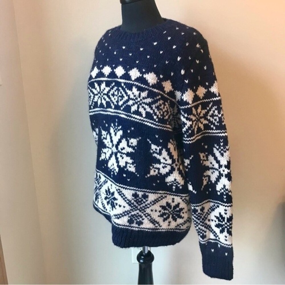 Fair Isle Sweater Wool Blend Sweater Chunky Knit Navy Blue White NWOT - Picture 6 of 9